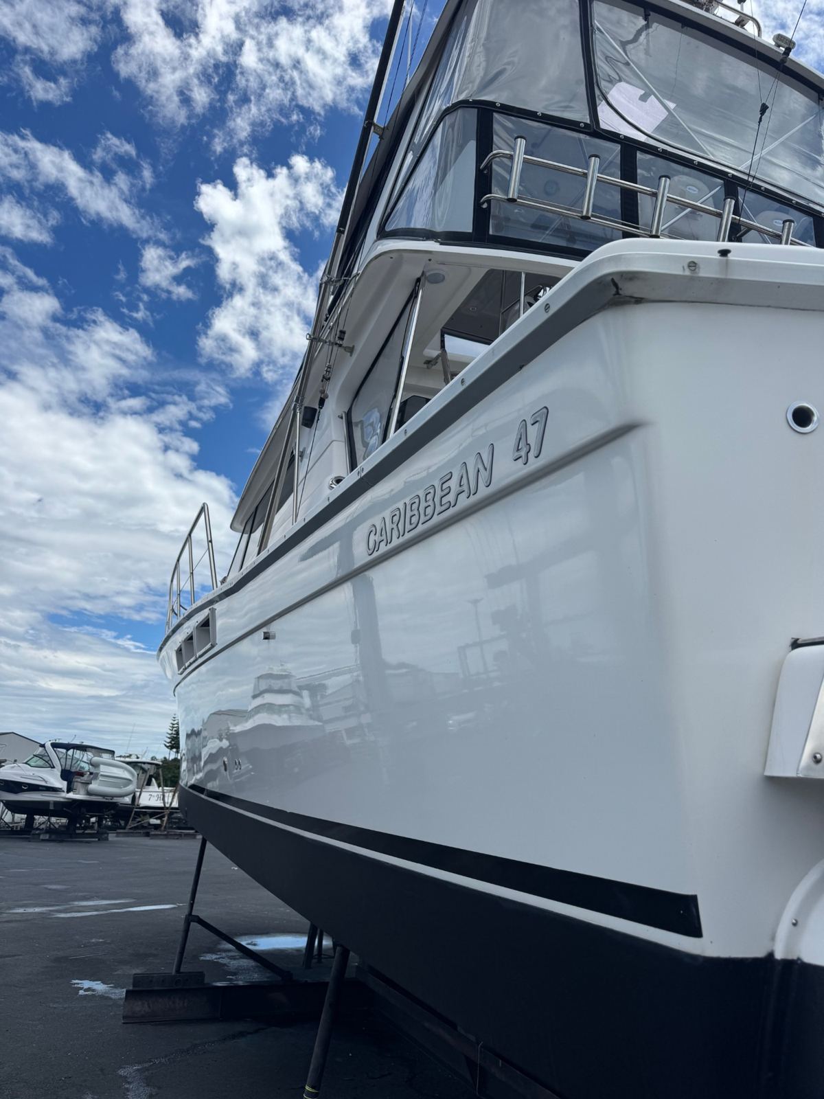Polished topsides of a Caribbean 47 on the hardstand